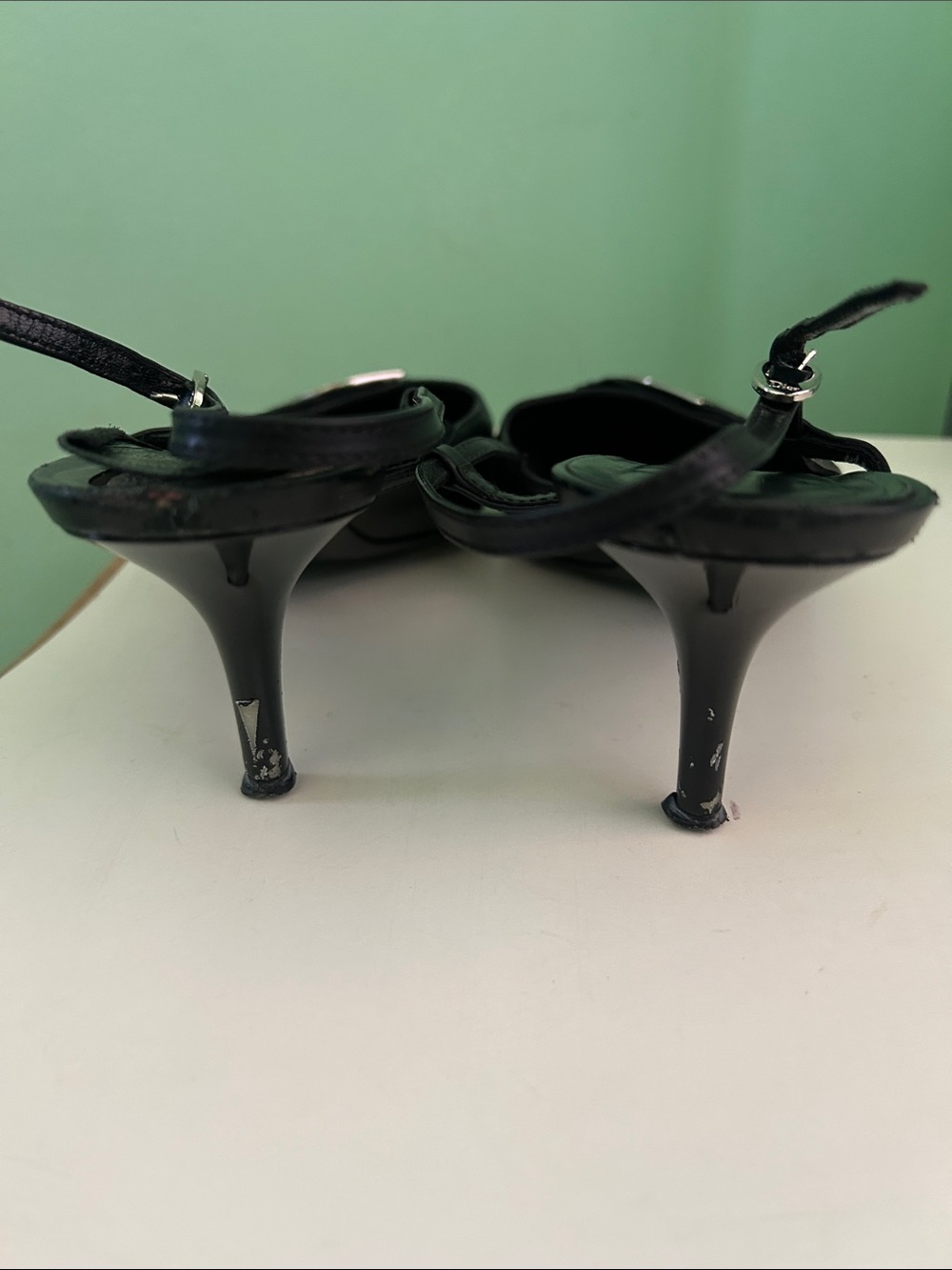 Dior Black Pointed Leather Slingback Heels with Silver D Buckles - Picture 4 of 5
